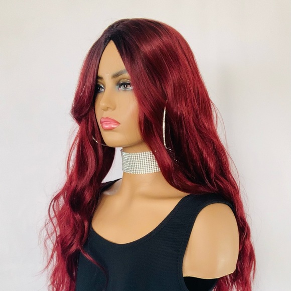 22” Ombre Burgundy “Put On & Go” Premium Synthetic Fiber Wig - Picture 10 of 13